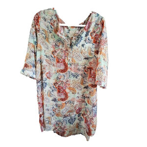 Vintage Feline Paisley Tunic Top, White Multi-color silk blend semi sheer